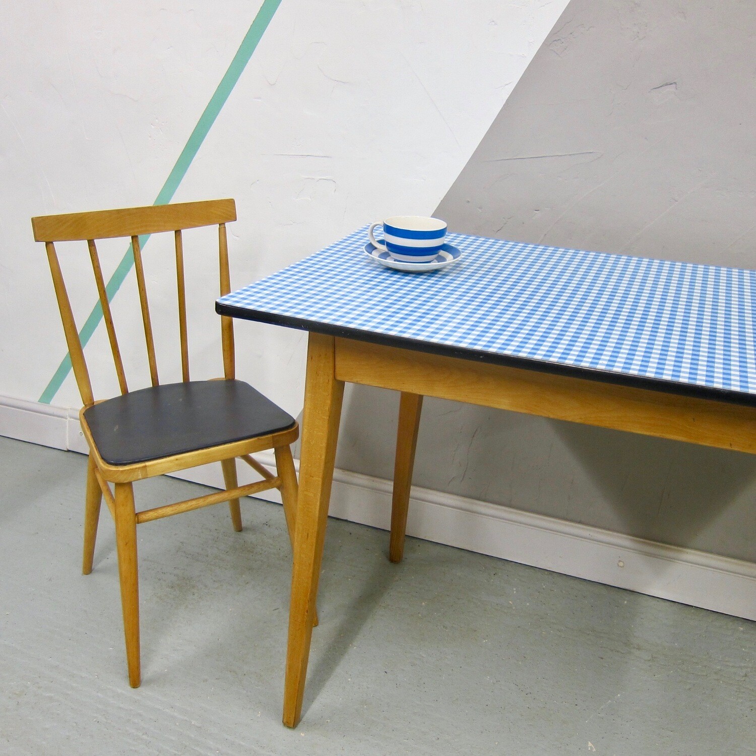 Mid Century Formica Table Check Blue White