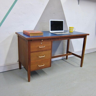 Vintage Mid Century Home Office Desk 1950s Blue Inlaid Top Modernist