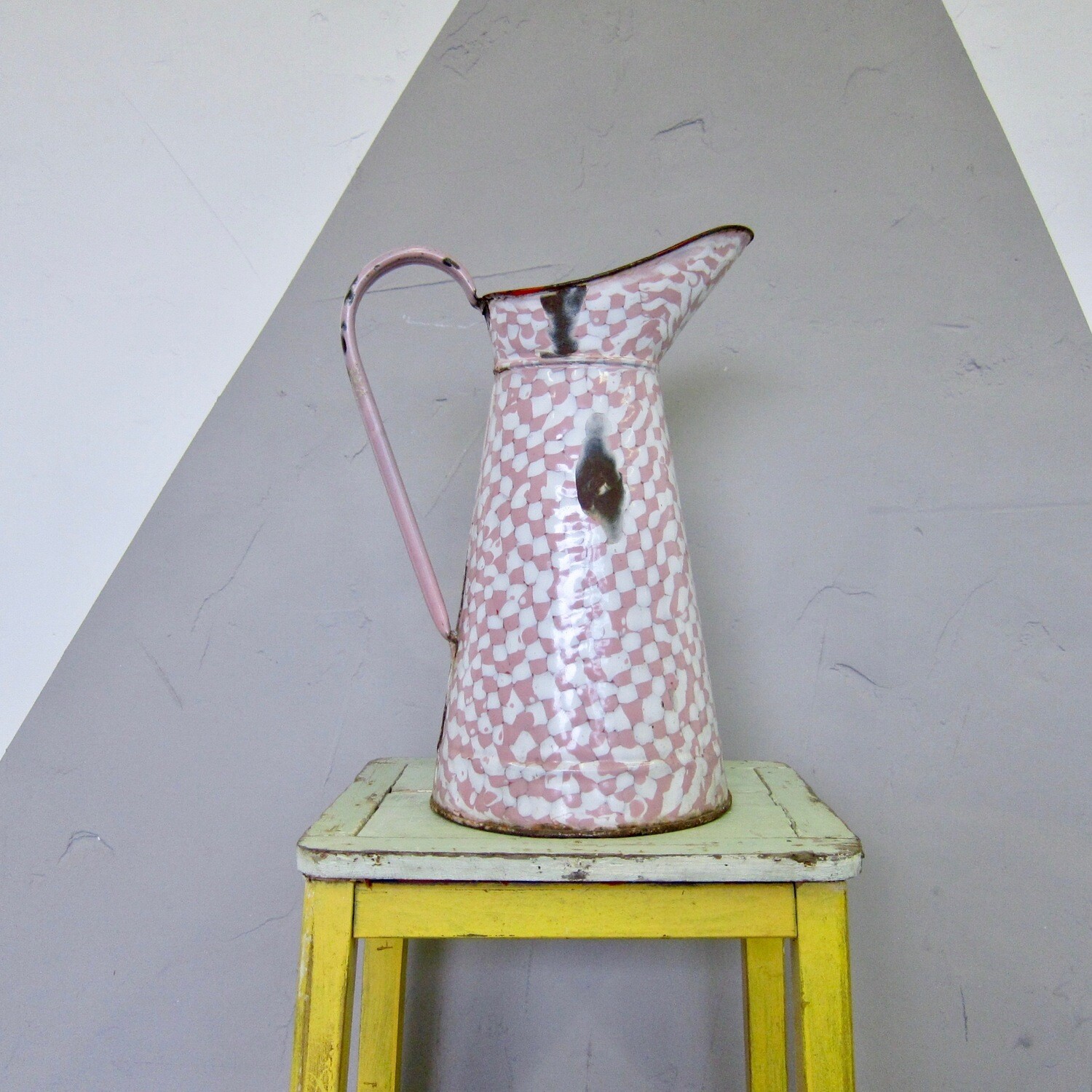 Pink white Enamel Metal Jug Large Original French 1950s