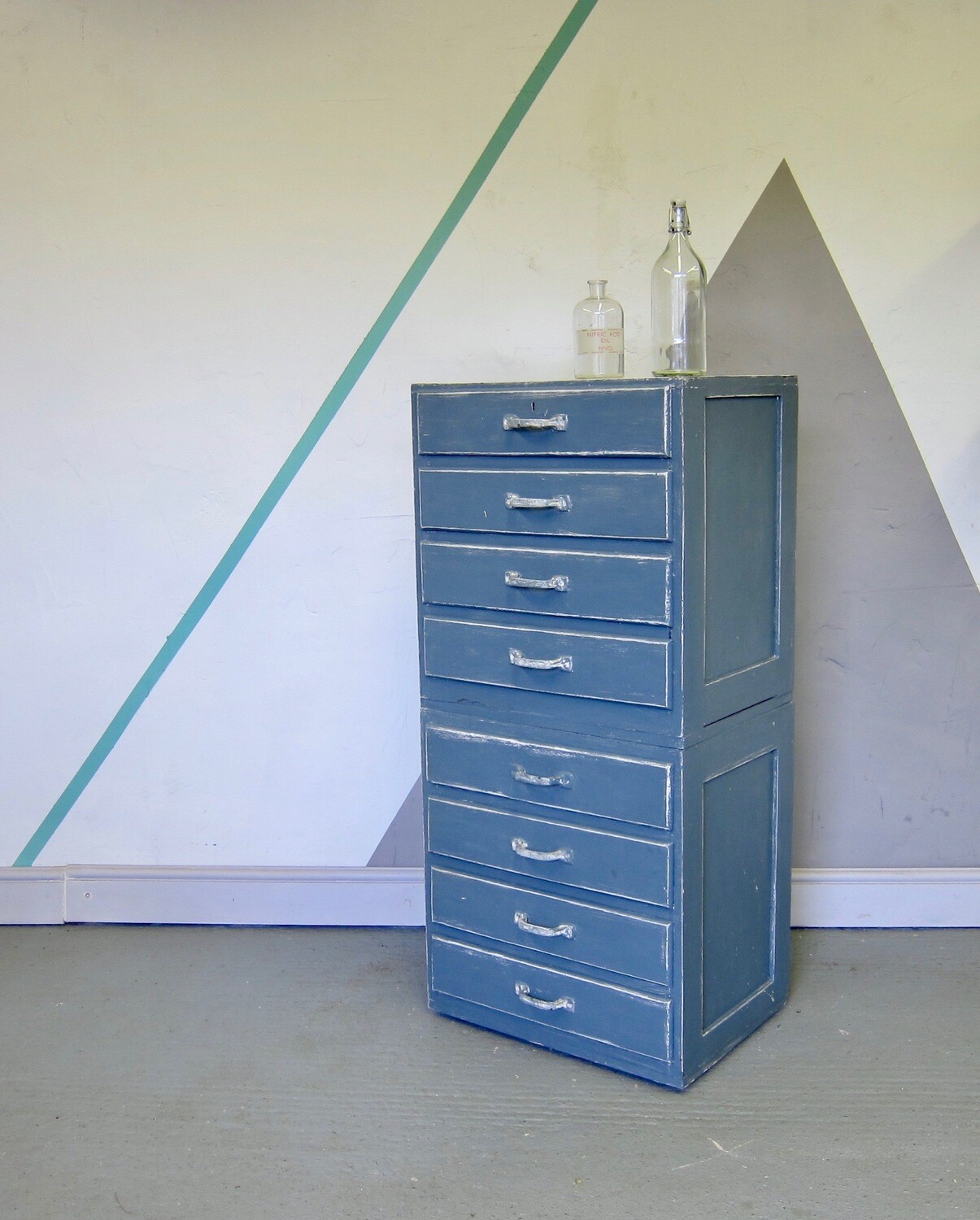 Vintage Mid Century 1950s Formica drawers storage blue chest  bedroom