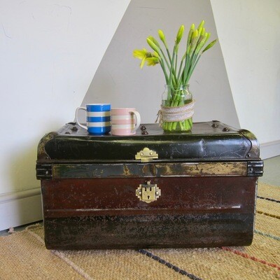 Industrial Metal Trunk Vintage Old Original 1930s Tin Box Chest Storage