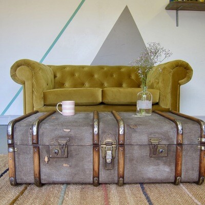 Vintage 1920s Grey Steamer Trunk Chest  Coffee Table Storage Box