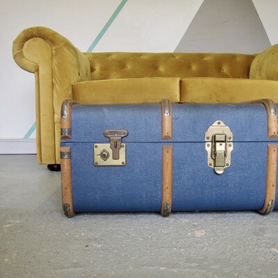 Vintage Blue Trunk Coffee Table Industrial Storage Travel Chest 1920s