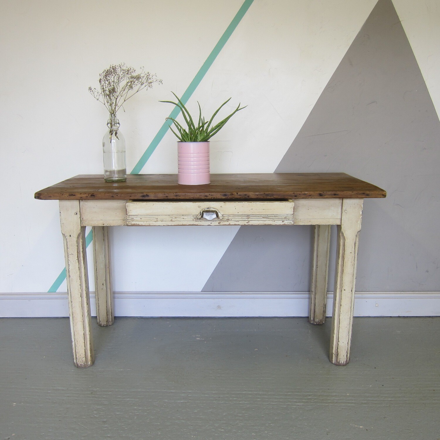 Antique French Console Table Rustic Pine Farmhouse White Vintage
