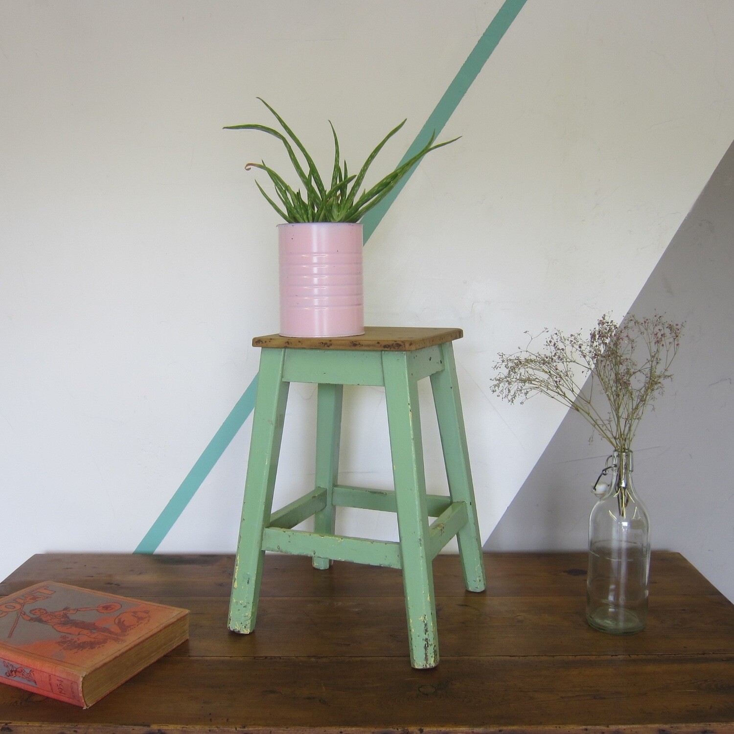 Rustic Green 1940s Kitchen Stool Farmhouse Chippy Paint