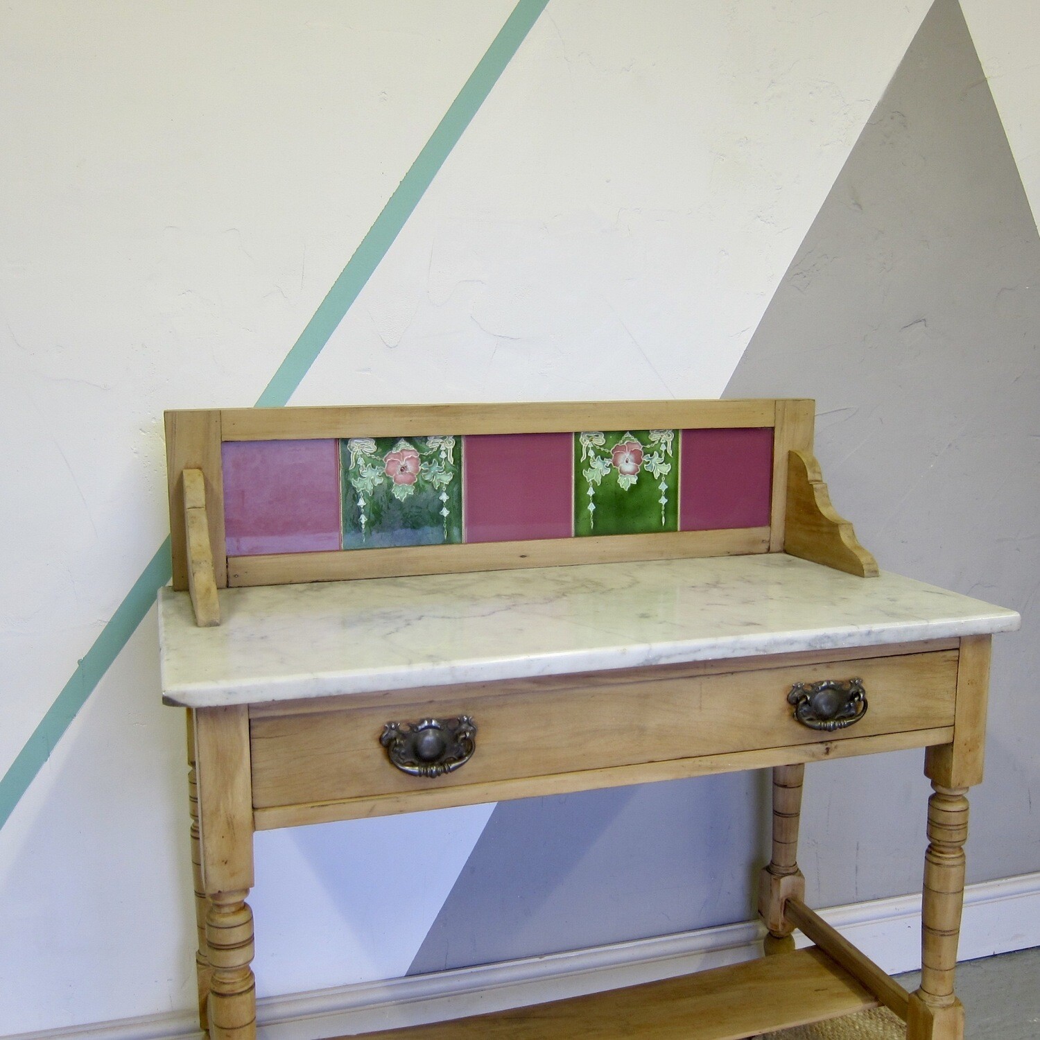 Art Nouveau Pine Victorian Tiled Washstand Hall Table Sideboard
