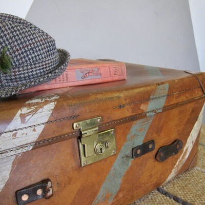 Vintage Tan Leather Suitcase Old Storage Chest Coffee Table