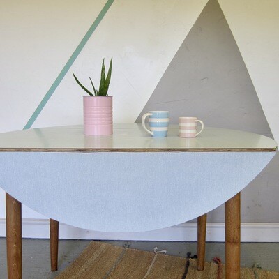 Round Blue Formica Kitchen Dining Table Mid Century Oak