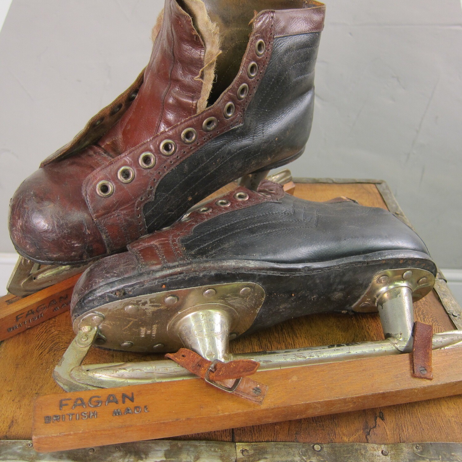 Vintage Leather Ice skates Brown Mid Century Antique Christmas Snow