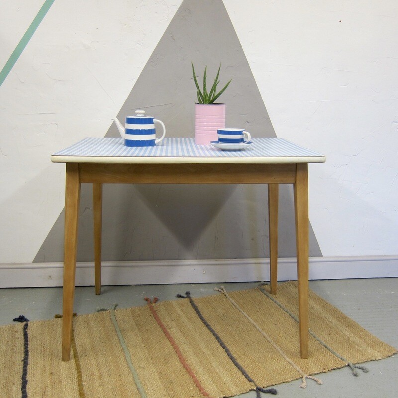 Mid Century Formica Table Check Blue White Kitchen dining Desk