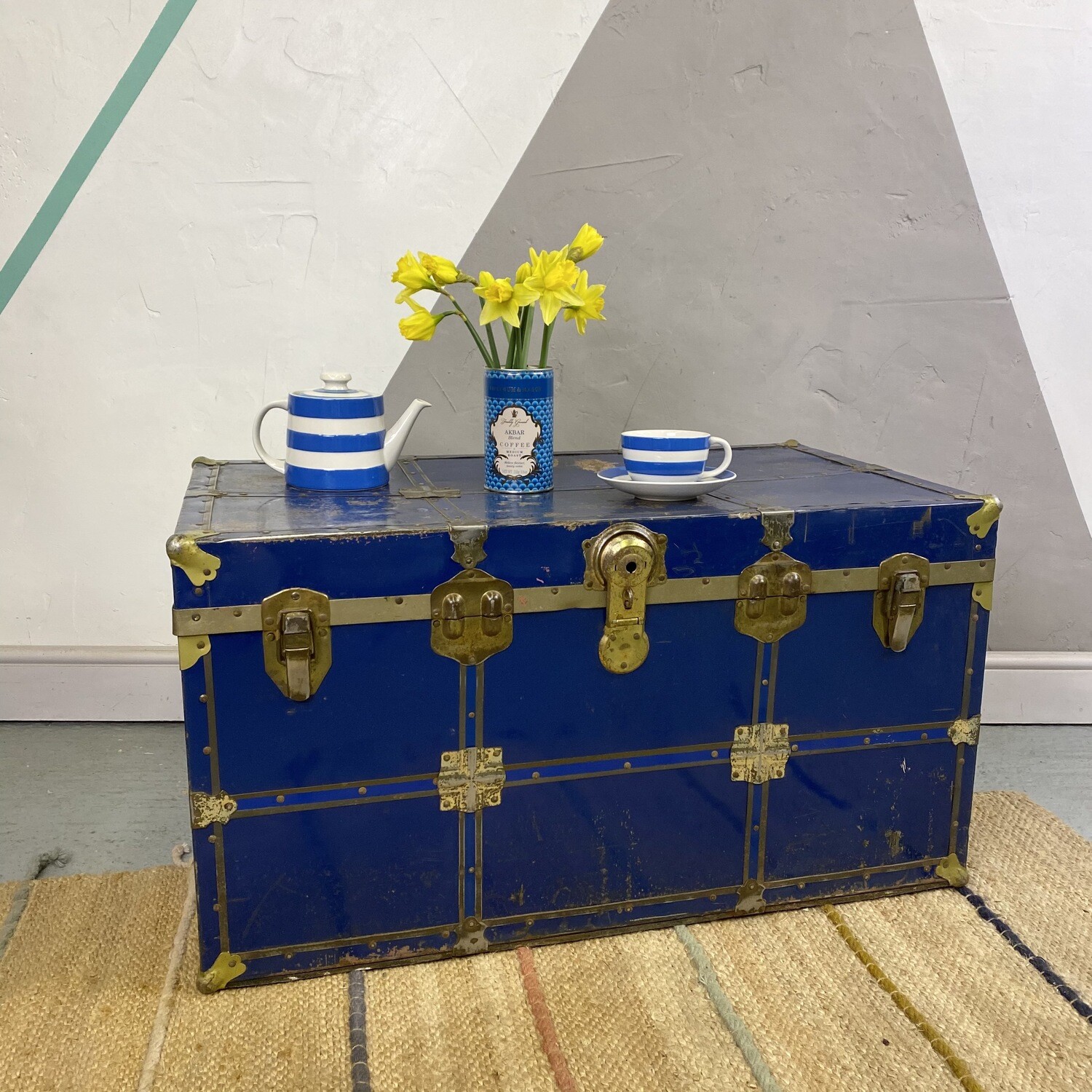 Vintage Industrial Trunk Blue Coffee Table Storage Chest