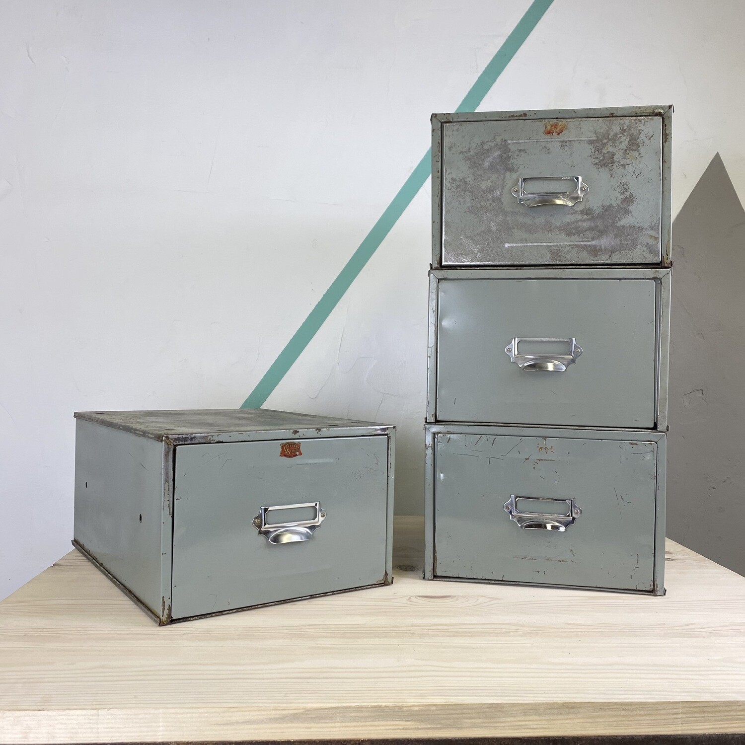 Industrial Mid Century Stacking Storage Drawers Filing Veteran Series UK British Grey