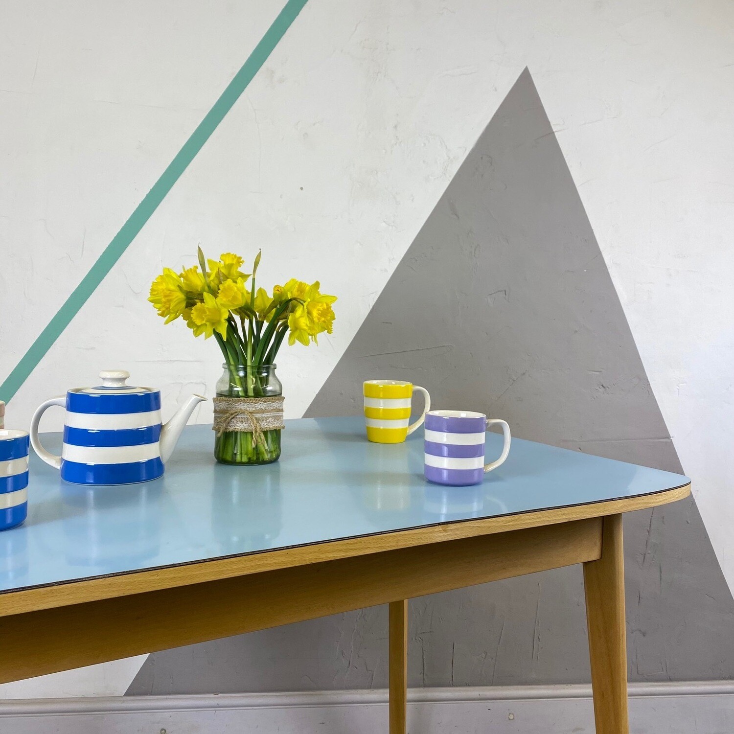 Large Mid Century Blue Formica Kitchen Table Office Desk