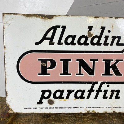 Vintage Aladdin Pink Enamel Metal Sign Advertising