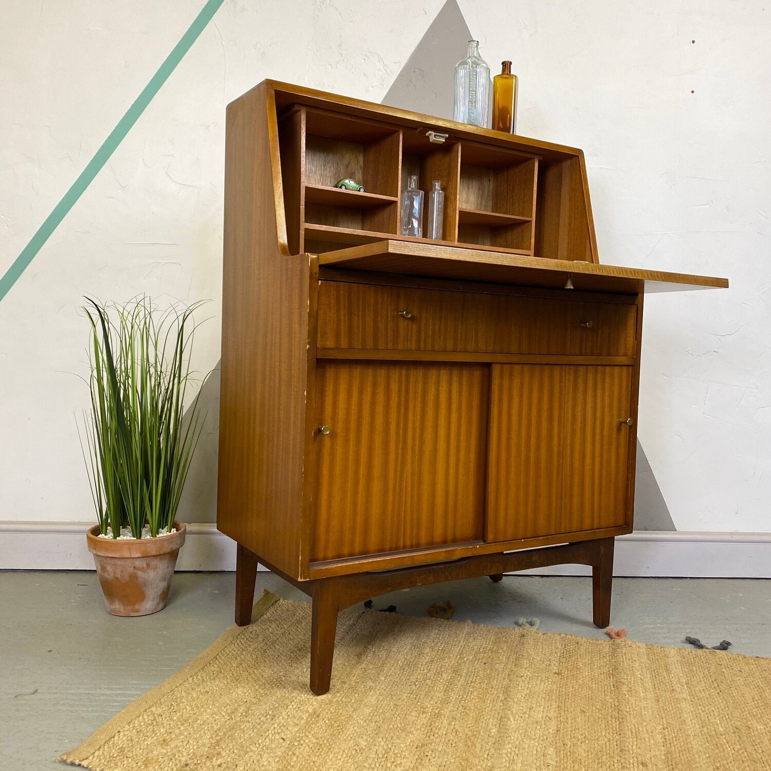 Vintage Mid Century Bureau Writing Desk Storage Cupboard