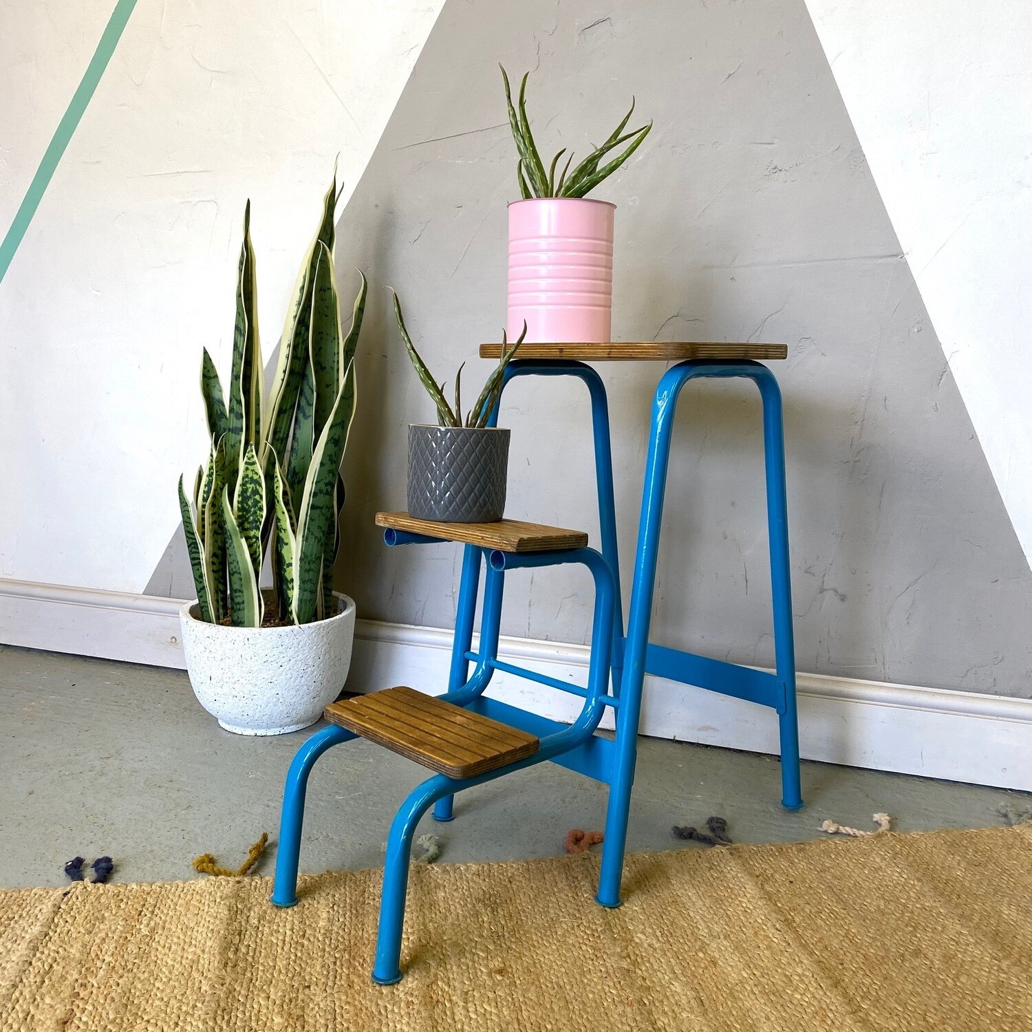 Folding Industrial Mid Century Vintage Blue Step Ladders