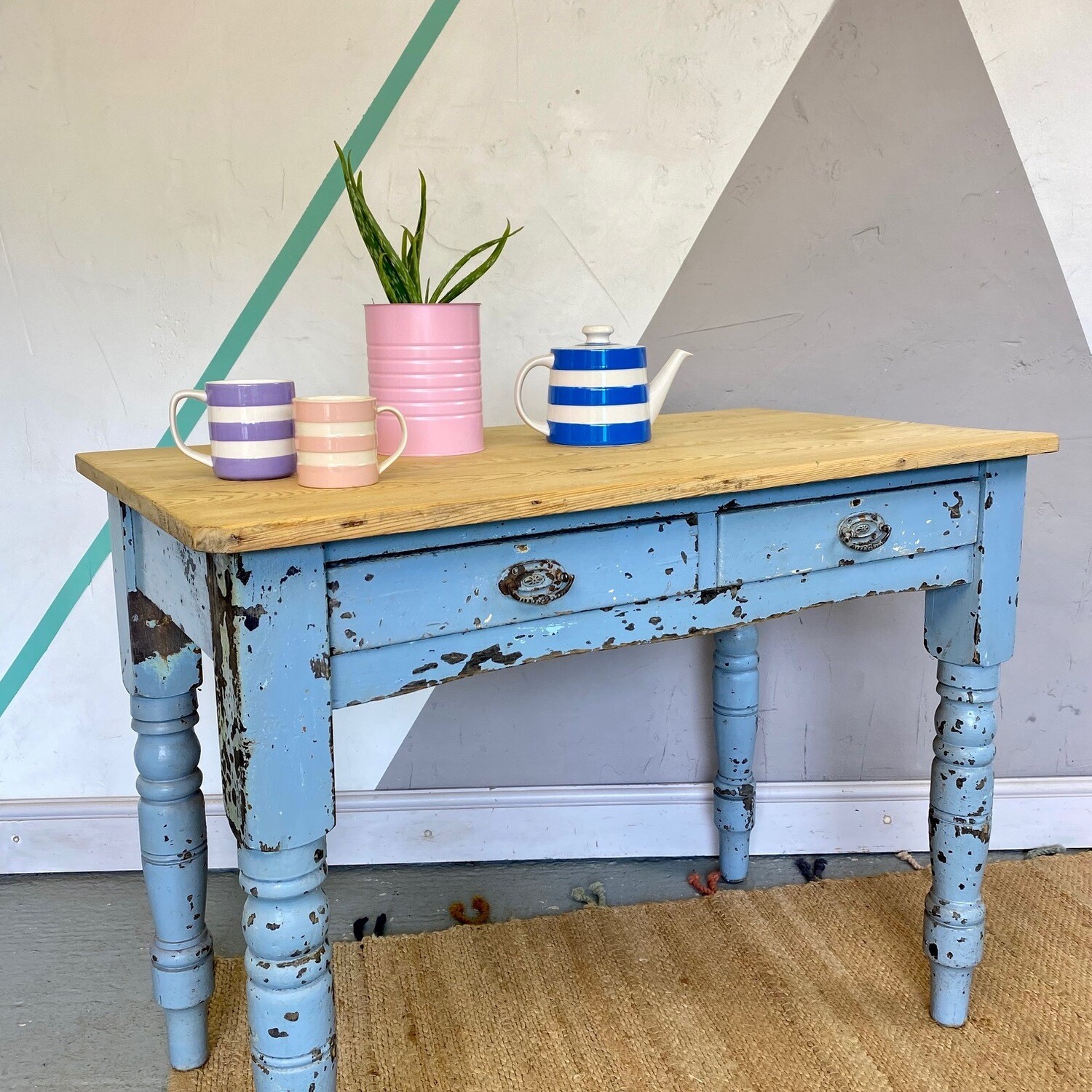 Blue Rustic Pine Victorian Farmhouse Dining Table