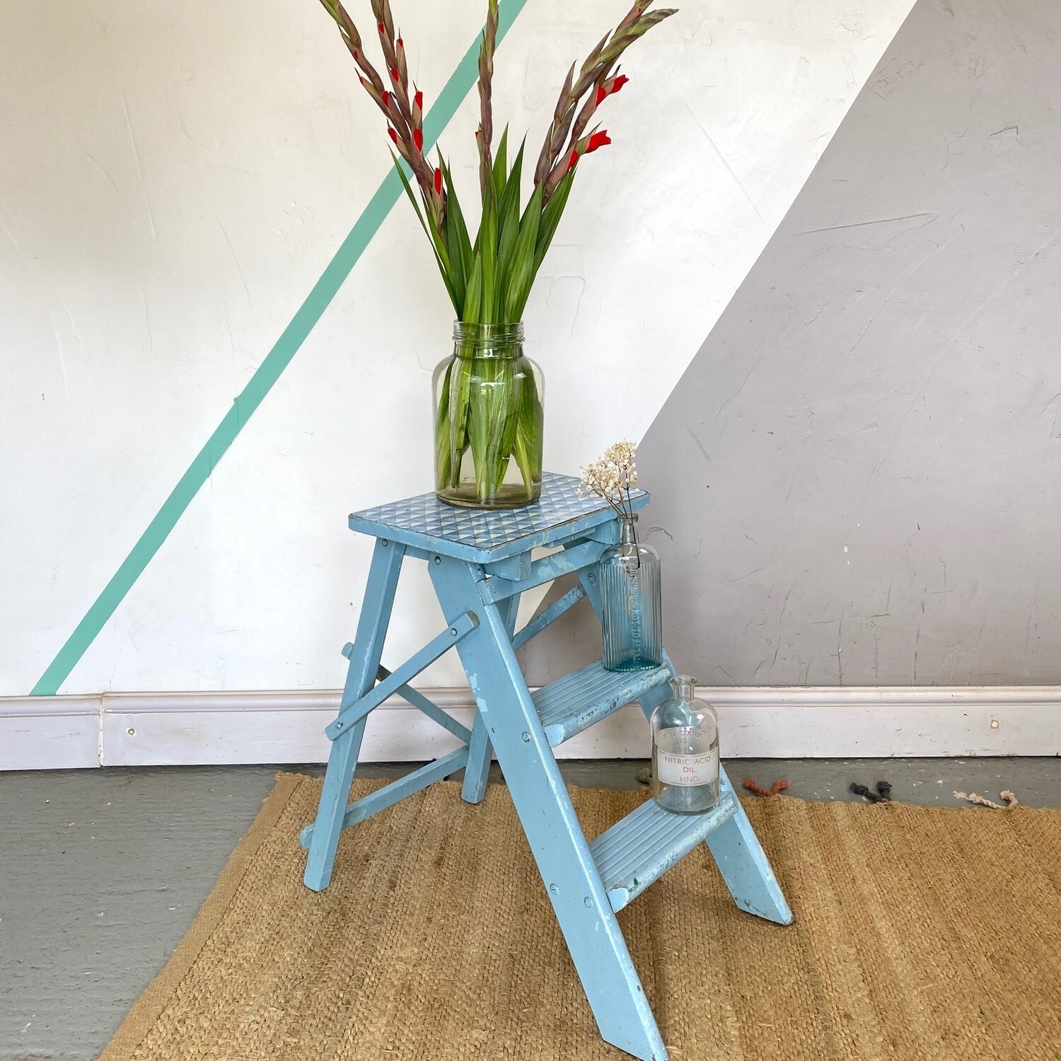 Blue Vintage Mid Century Ladders Steps Bedside Table