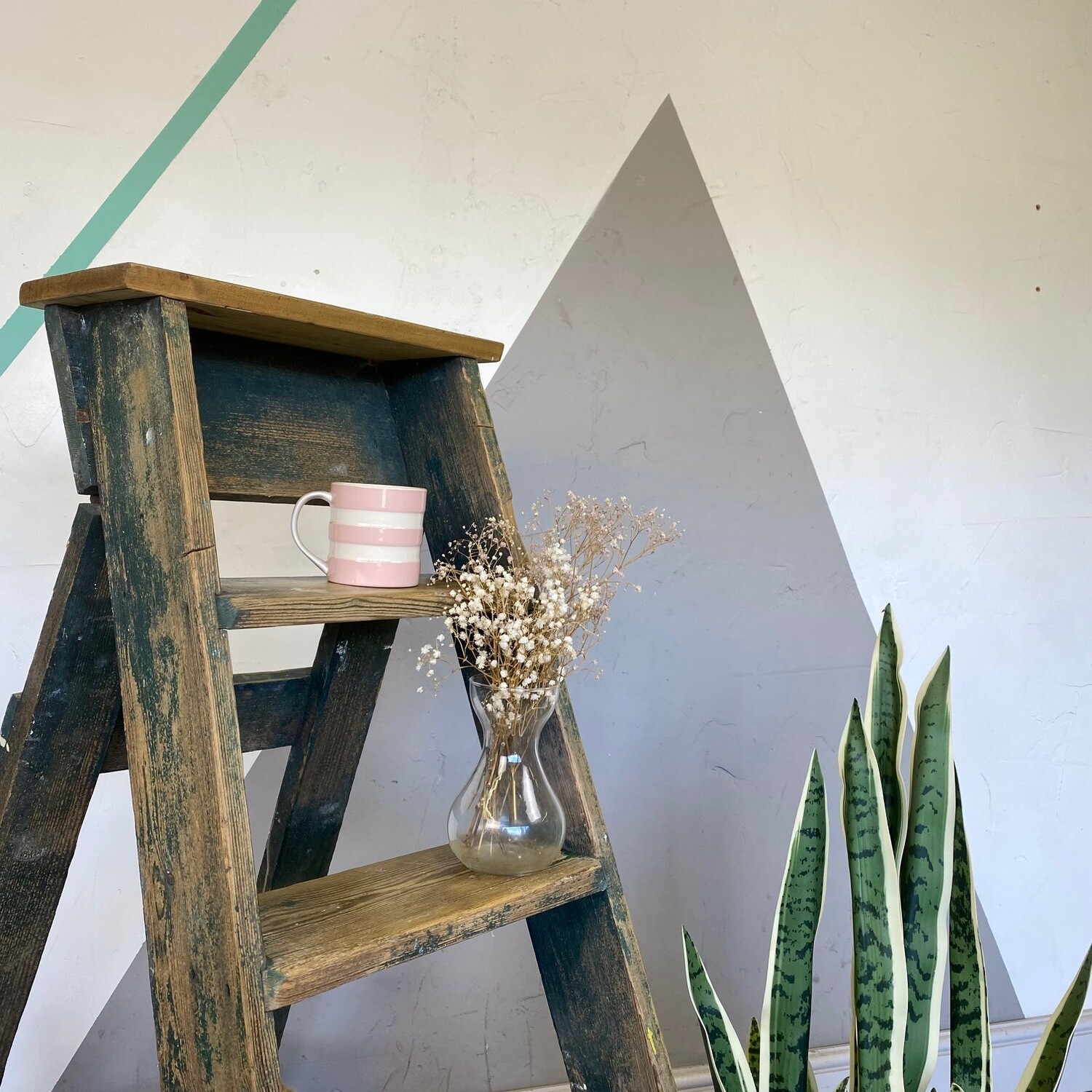 Rustic Paint splashed Pine Step Ladders Vintage Old Traditional