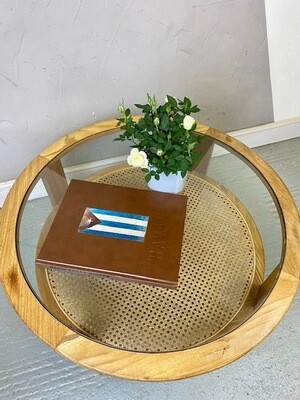 1970s GPlan Round Coffee Table Glass Rattan