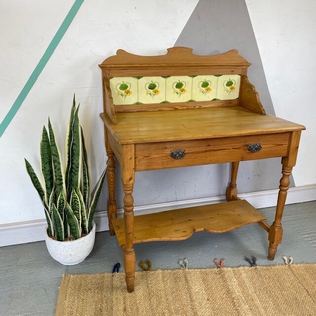 Art Nouveau Pine Victorian Tiled Washstand Hall Table Sideboard