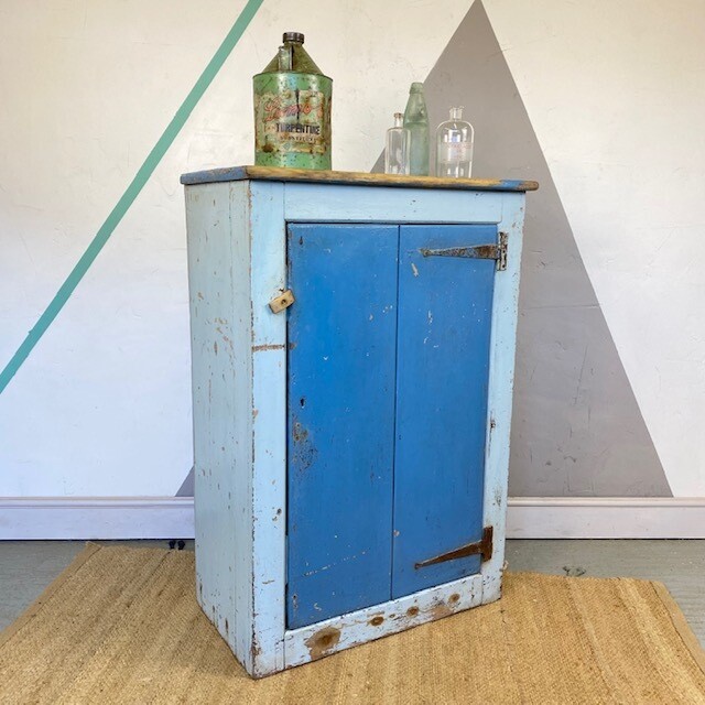 Blue Vintage Rustic Pine Storage Cupboard Kitchen