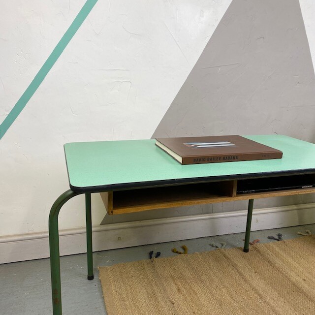Mid Century Green Formica School Desk Table
