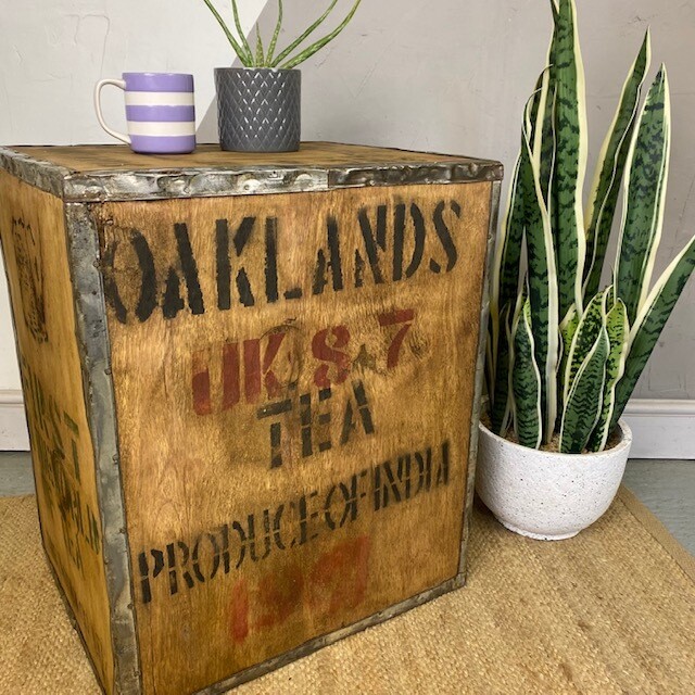 Vintage Tea Chest Wooden Box Crate Storage Side Table Bed Side