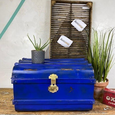 Industrial Blue Steamer Trunk Chest Coffee Table Storage Box