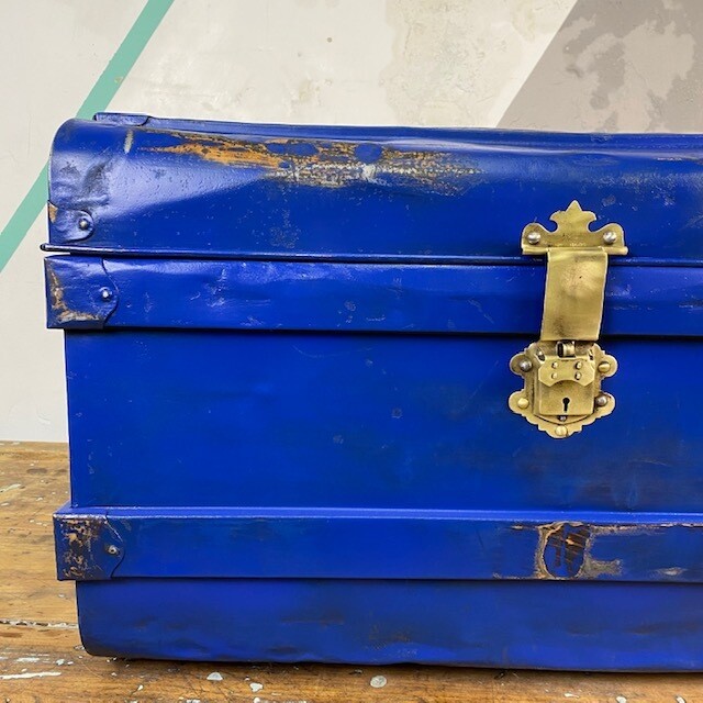 Industrial Blue Steamer Trunk Chest Coffee Table Storage Box