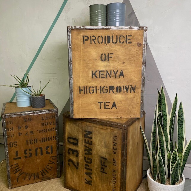 Vintage Tea Chest Trunk Box Crate Storage Side Table Bed Side London Antique Display Shop Window