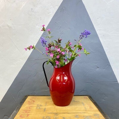 Vintage ​Enamel Red Metal Jug Vase Original 1950s