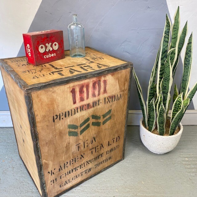 Vintage Tea Chest Wooden Box Crate Storage Side Table Bed Side