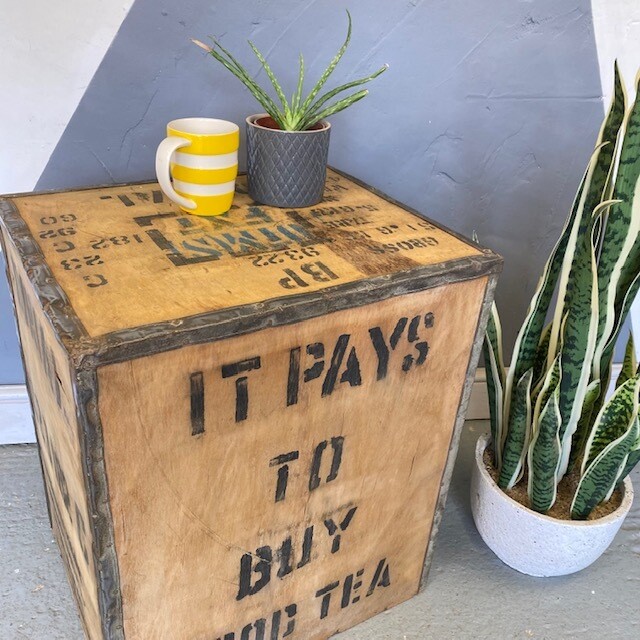 Vintage Tea Chest Bed Side Table Rustic Crate Storage
