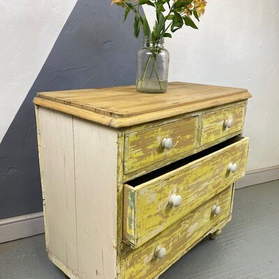 Victorian Pine Yellow Chest of Drawers Vintage Painted Chippy Distressed