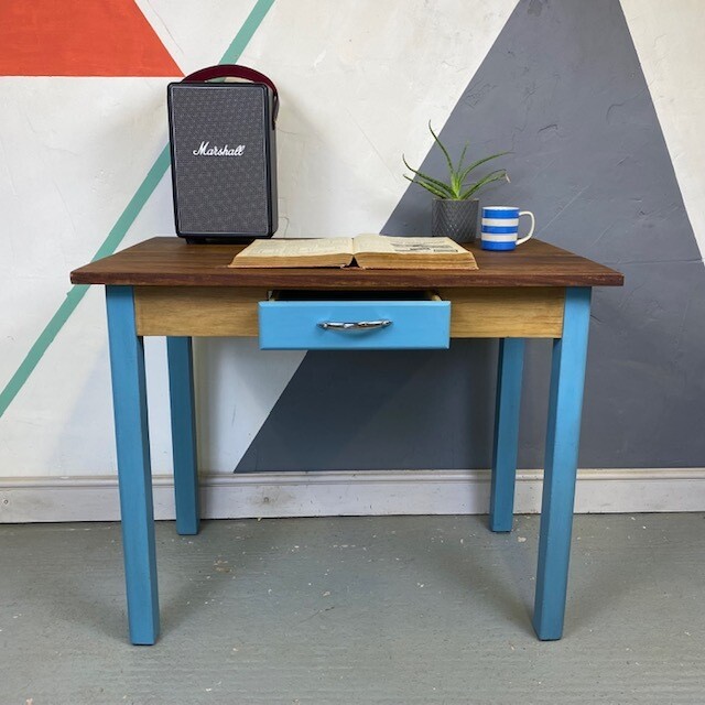 1950s Vintage Oak Painted Blue Desk
