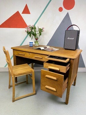 Abbess Vintage Oak Knee Hole Desk Mid Century 1950s Home Office