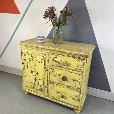 Victorian Pine Yellow Chest of Drawers Vintage Painted Chippy Distressed