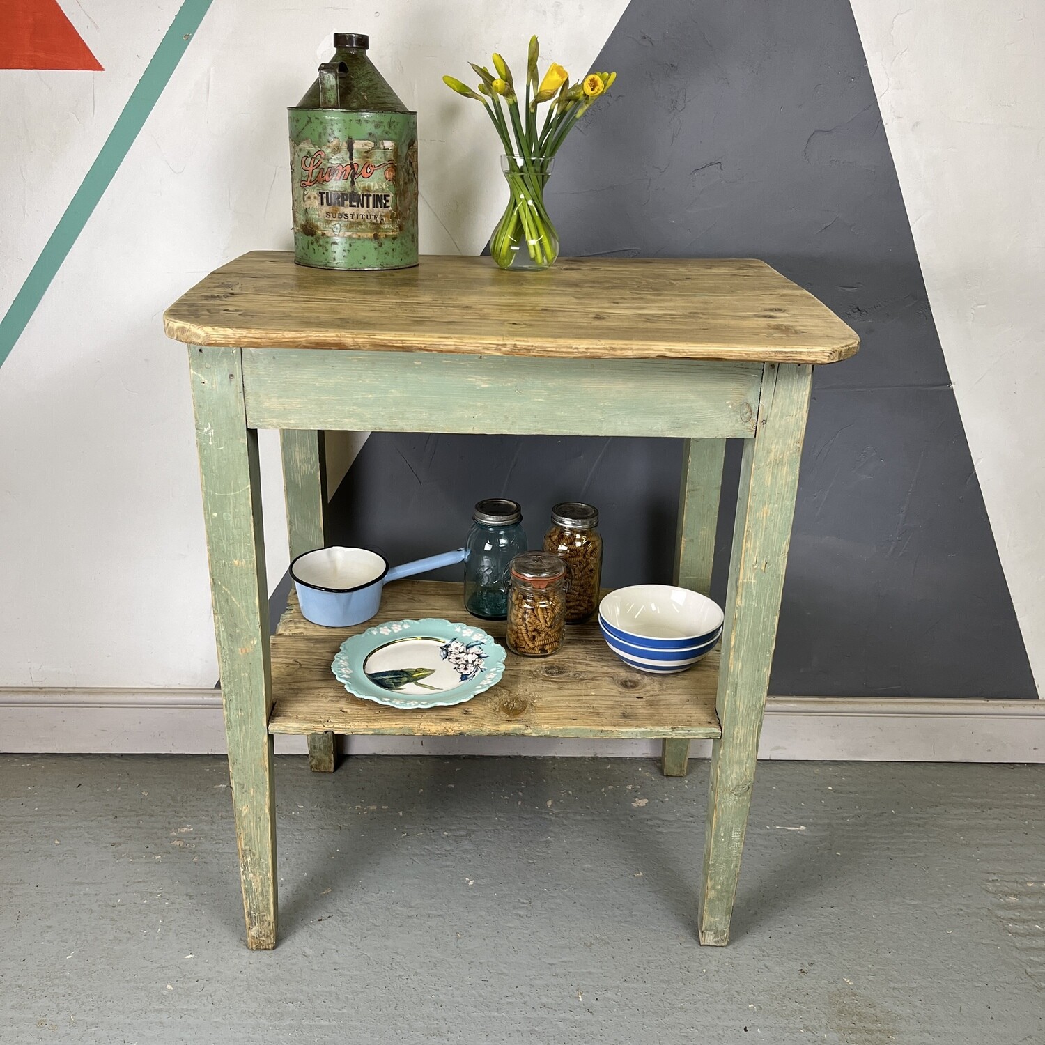 Antique French Potting Table Rustic Painted Green