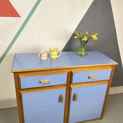 Vintage Mid Century Blue Formica Sideboard Storage Cupboard