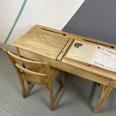 Restored Vintage Double School Desk Twin Lift up Lids