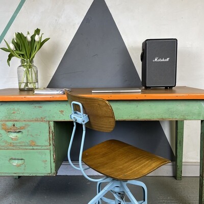 Green & Orange Vintage Mid Century Home Office Desk 1950s Faux Leather