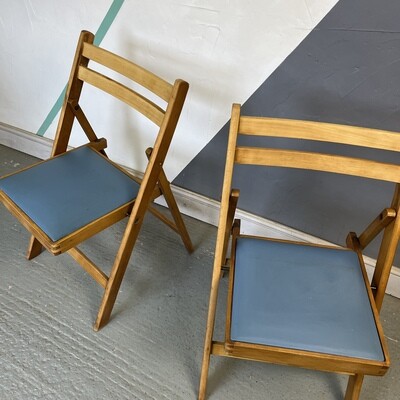 Mid Century Blue Folding Chair Vintage Wooden 1960s Dining Seat