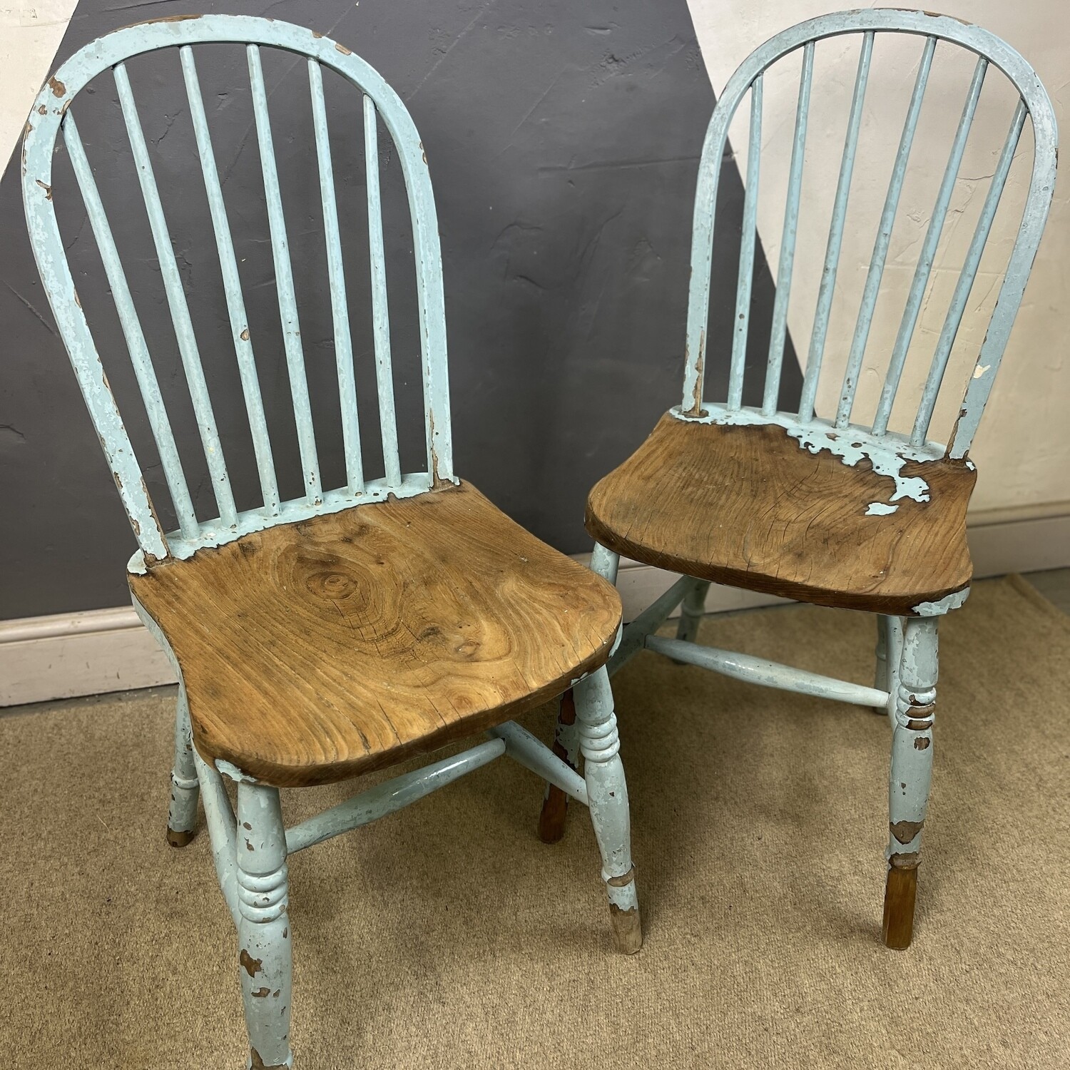 Vintage Chairs Chippy Paint Farmhouse Blue Seat Elm
