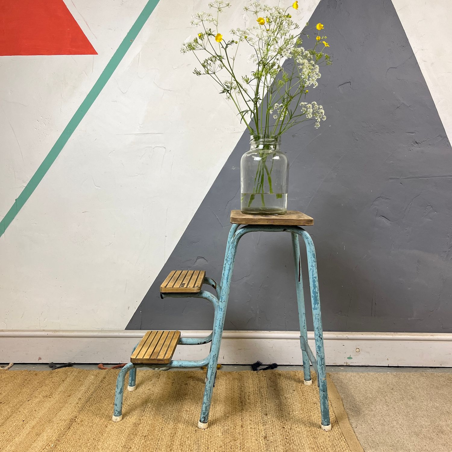 Folding Industrial Vintage Mid Century Blue StepStool Ladders