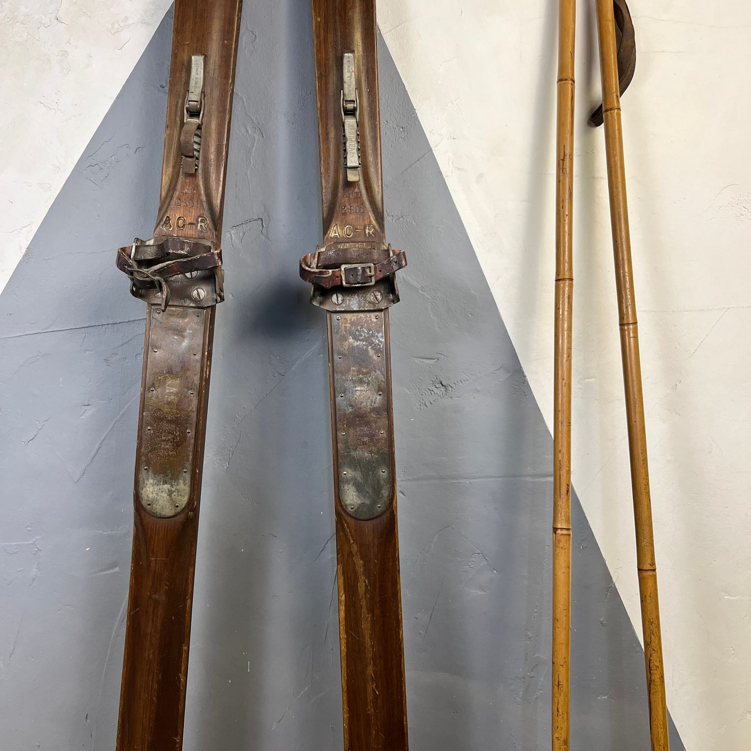 Vintage Wooden Skis Poles Winter Snow Shop Window Display