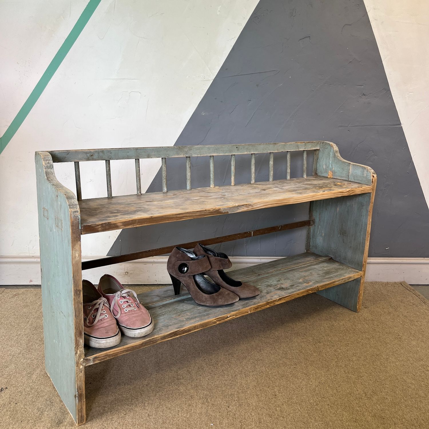​Rustic Pine Bench Seat Shoe Rack French Blue Paint