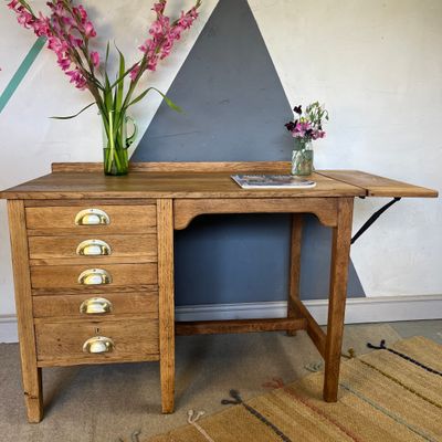 ​Vintage Oak Knee Hole Desk Mid Century 1950s Home Office