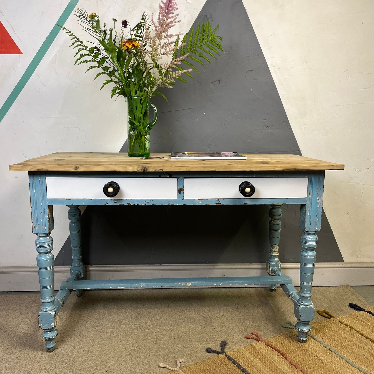 ​Blue Painted Rustic Pine Victorian Farmhouse Console Table