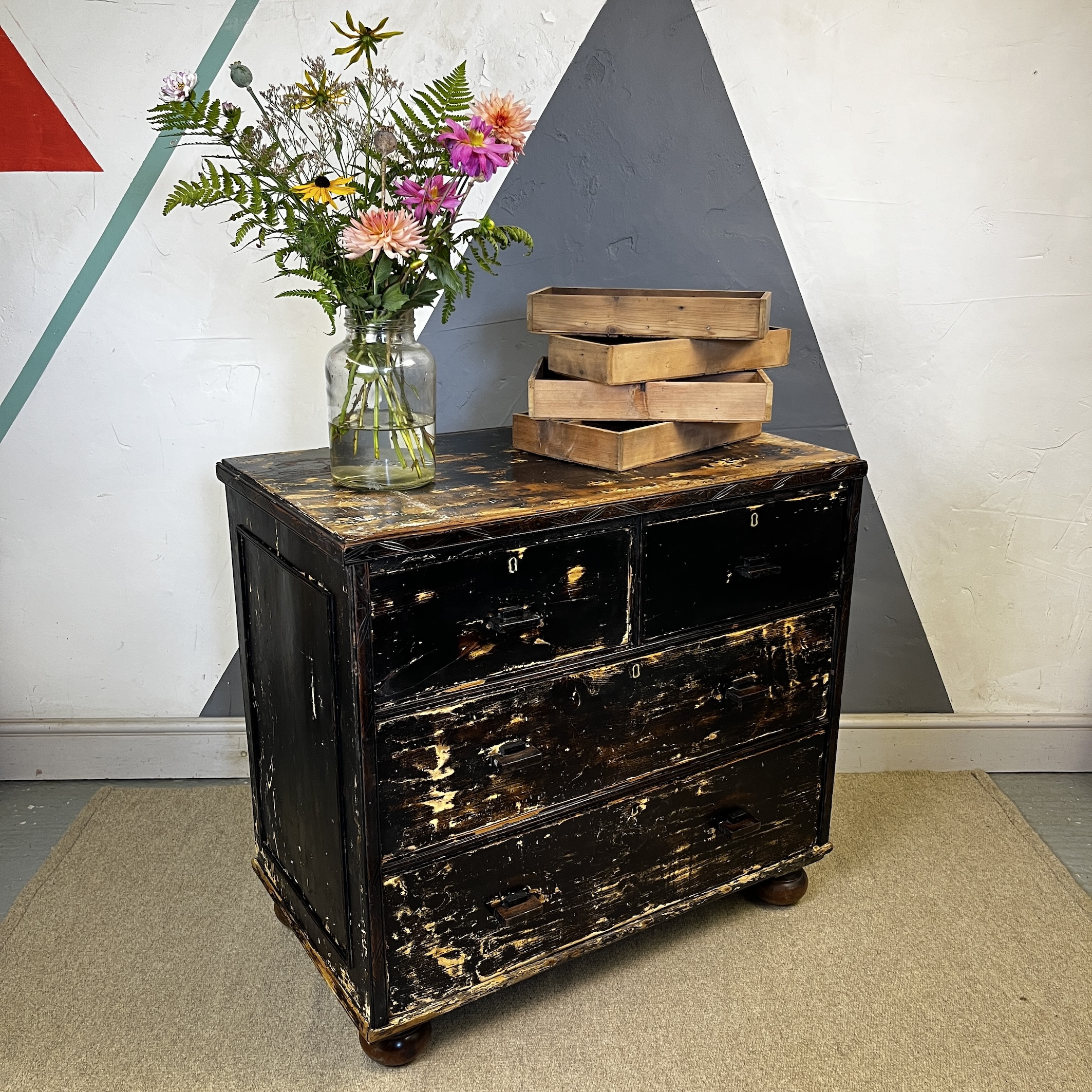 Antique Pine Black Chest Drawers Storage Art Nouveau